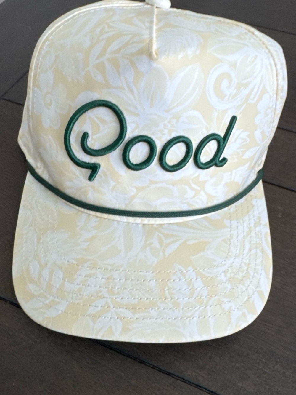 Good Embroidered Cream Floral Cap with Green Trim